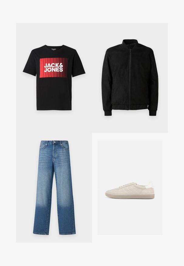 Sort bomberjakke med lynlås, ribbet krave og manchetter samt glat overflade. Fremstillet af et slidstærkt, blødt materiale.; Sort t-shirt med korte ærmer, der har et rødt rektangulært grafisk design med lodrette linjer og teksten "JACK & JONES" i hvid.; Blå højtaljede strækte jeans med falmede områder på lårerne og mørkere skygger nær kanten, synlig frontknap og lommer.; Beige ruskindssneaker med en tekstureret overdel, glat hvid hælkappe, tynde snørebånd og en gummi-ydersål. Har et lavt profil design.