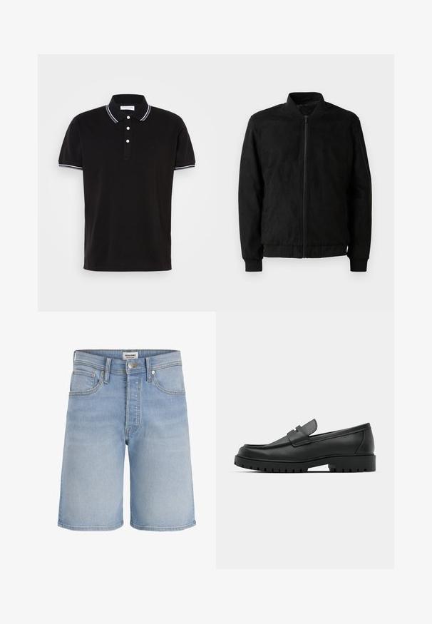 Veste bomber noire avec fermeture éclair, col et poignets côtelés, et texture lisse. Fabriquée dans un matériau durable et doux.; Polo noir en coton, doté d'une patte de boutonnage à trois boutons, d'un passepoil blanc sur le col et les manches, et d'un logo discret.; Short en denim bleu clair avec cinq poches, passants pour ceinture, braguette zippée et fermeture à bouton, présenté sur un fond blanc uni.; Mocassins en cuir noir à bout arrondi, avec un design cousu, une semelle plateforme basse et une semelle en caoutchouc texturée et crantée.