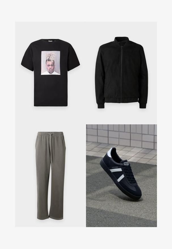 Veste bomber noire avec fermeture éclair, col et poignets côtelés, et texture lisse. Fabriquée dans un matériau durable et doux.; T-shirt en coton noir avec un col rond, présentant une grande impression sur le devant d'un portrait dans un cadre carré. Manches courtes, coupe décontractée.; Pantalon de survêtement en coton gris avec une taille élastique et un cordon de serrage, doté de poches latérales et d'une coupe décontractée sur les jambes.; Sneaker en cuir noir avec des rayures blanches, semelle en caoutchouc texturée et devant à lacets. Présente une étiquette de marque sur la languette.