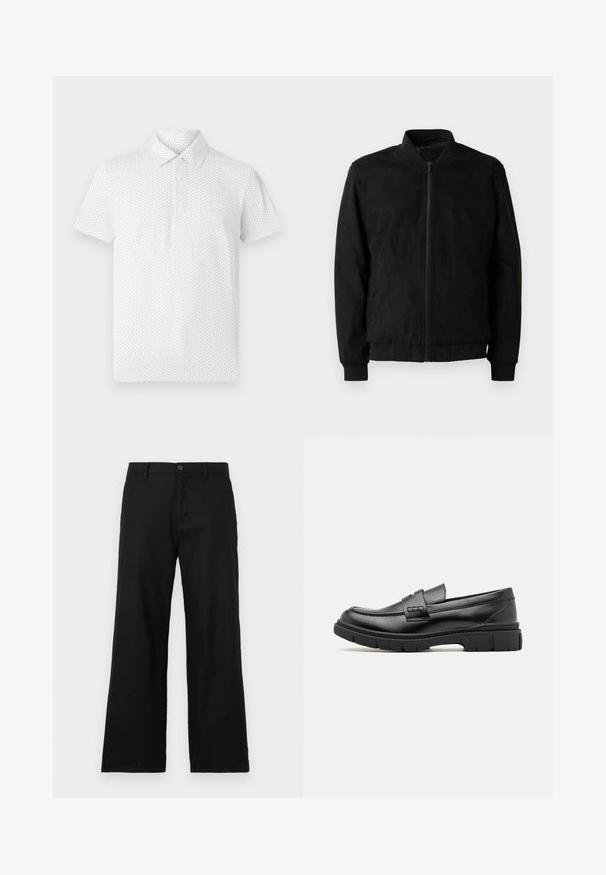 Veste bomber noire avec fermeture éclair, col et poignets côtelés, et texture lisse. Fabriquée dans un matériau durable et doux.; Polo shirt blanc à manches courtes arborant un petit motif géométrique, trois boutons sur le col et une coupe classique. Fabriqué en tissu respirant.; Pantalon noir à jambe droite en coton, doté d'une fermeture à bouton et de passants de ceinture. Texture lisse sans motifs ni accents visibles.; Mocassin en cuir noir avec une large sangle sur le devant, semelle en caoutchouc à épaisse rainure, et texture lisse. Design classique et élégant.
