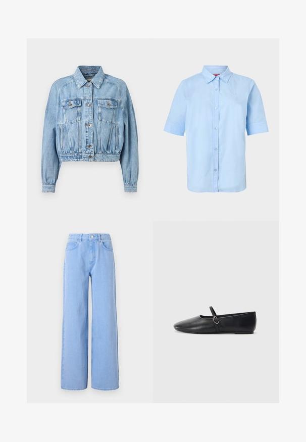 Lichtblauwe denimjack met knopen aan de voorkant, twee borstflapzakken, zijnaadzakken, lange mouwen en een elastische tailleband met plooien.; Lichtblauw overhemd met korte mouwen, knoopsluiting, puntkraag en subtiel ingebosseleerd logo op de linkerborst.; Lichtblauwe wijde denim jeans. Heeft een aangesloten taille met riemlussen en voorzakken, stiksel details en een schone zoom.; Zwarte leren balletschoenen met een spitse neus, platte zool en een kleine strap met een zilveren gespsluiting.