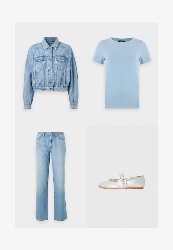 Lichtblauwe denimjack met knopen aan de voorkant, twee borstflapzakken, zijnaadzakken, lange mouwen en een elastische tailleband met plooien.; Lichtblauw T-shirt met korte mouwen en ronde hals, met eenvoudige stiksels, getoond tegen een witte achtergrond.; RE/DONE THE SANASA - Relaxed fit jeans - media noche; Zilveren Mary Jane ballerina met een bloemvormige gesp op de strap en een lichtbruine zool, getoond in zijaanzicht.