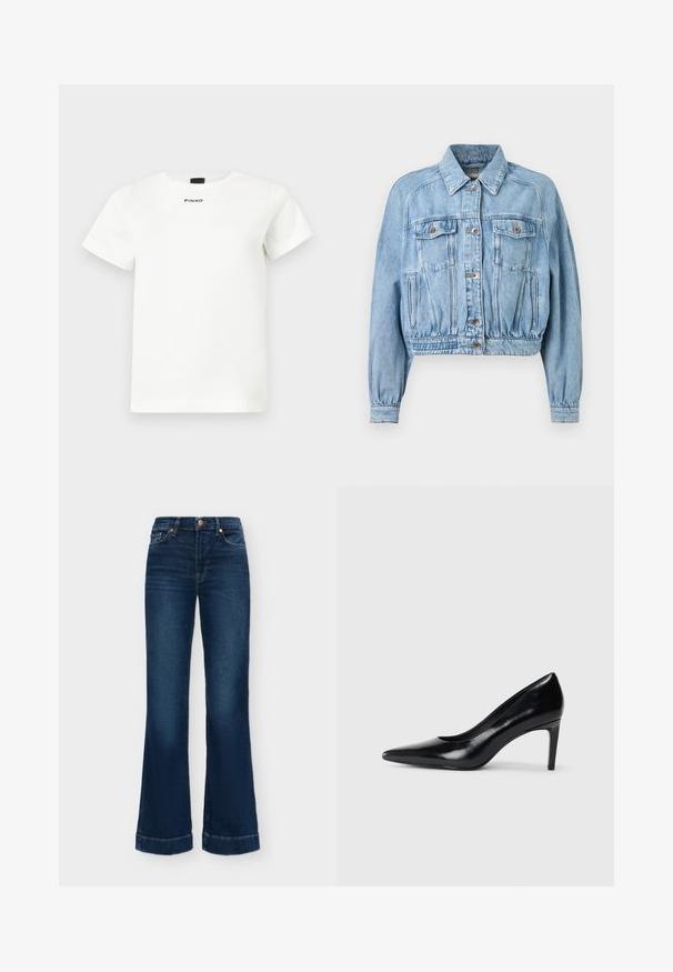 Veste en jean bleu clair avec fermeture à boutons sur le devant, deux poches à rabat sur la poitrine, poches sur les coutures latérales, manches longues et taille élastiquée froncée.; T-shirt blanc à manches courtes avec col rond, design minimaliste, et logo "PINKO" centré sous l'encolure.; Jean en denim bleu foncé taille haute avec poches avant, fermeture par bouton et fermeture éclair, jambes larges et droites avec ourlets retroussés.; Chaussure à talon haut en cuir noir avec un bout pointu, texture lisse et un talon effilé. Design minimaliste, sans embellissements supplémentaires.