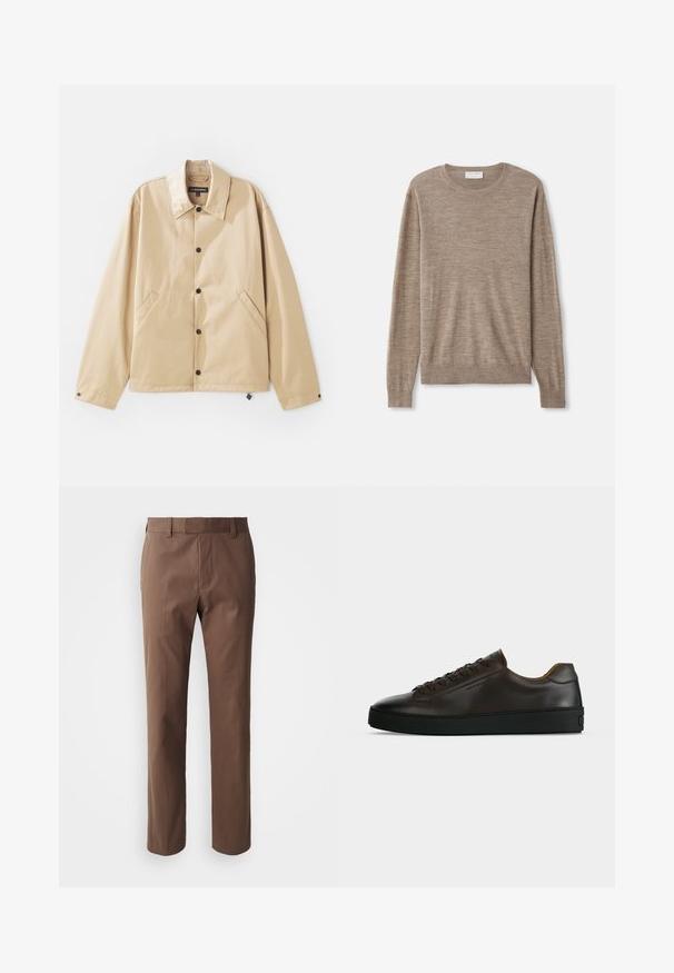 Vaaleanbeige kevyt takki, jossa on kauluksellinen kaula, nepparikiinnitys, sivutaskut ja sileä pinta. Sisällä on brändilogo.; Beige neule ohutta neulosta. Siinä on pyöreä kaula-aukko, pitkät hihat sekä ribbeatut hihansuut ja helma. Yksinkertainen ja klassinen muotoilu.; Ruske hlače s krojem po mjeri, ravnim prednjim dijelom i dva bočna džepa. Napravljene od glatke tkanine s čistim završetkom i bez vidljivih uzoraka.; Matala profiili tumma ruskea nahkainen lenkkarit mustalla kumipohjalla, nauhallinen malli ja sileä minimalistinen muotoilu vaalealla taustalla.