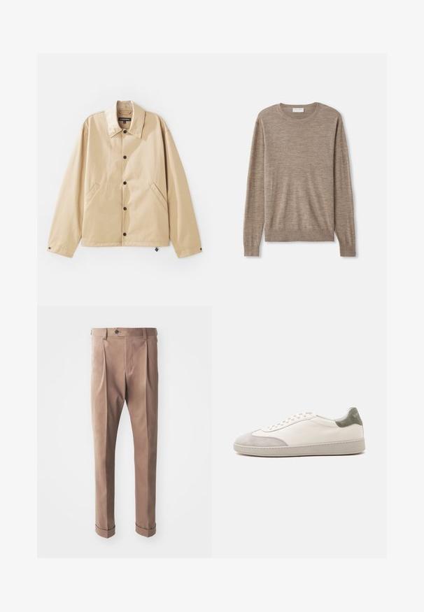 Veste légère beige avec un col, fermeture à boutons-pression, poches latérales et une texture lisse. Présente une étiquette de marque à l'intérieur.; Pull beige en maille fine. Il a un col rond, des manches longues et des poignets et un ourlet côtelés. Design simple et classique.; Pantalons khaki en tissu texturé, présentant une taille haute, des plis et des ourlets roulés, avec une fermeture à bouton unique à la taille.; Baskets basses blanches avec accents en daim gris clair sur le bout et le talon, lacets blancs et semelle beige plate, vues de côté extérieur.