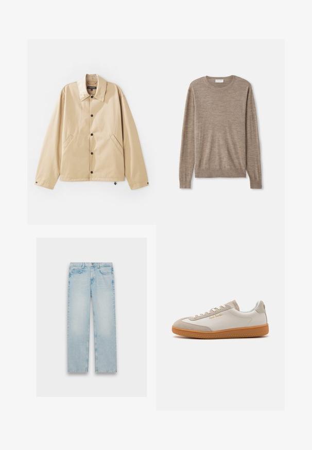Beige leichte Jacke mit Kragen, Druckknopfverschluss, Seitentaschen und glatter Oberfläche. Mit einem Markenetikett innen.; Beiger Pullover aus feinem Strickmaterial. Mit Rundhalsausschnitt, langen Ärmeln und gerippten Bündchen sowie Saum. Einfaches und zeitloses Design.; Hellblaue Jeans aus Denim mit geradem Bein, fünf Taschen und einem verwaschenen Finish. Metallbeschläge und gestickte Details sind sichtbar.; Weiße und beigefarbene Low-Top-Sneaker mit Gummisohle, weißen Schnürsenkeln, Wildleder-Details und goldenem "Paul Smith"-Logo an der Seite.