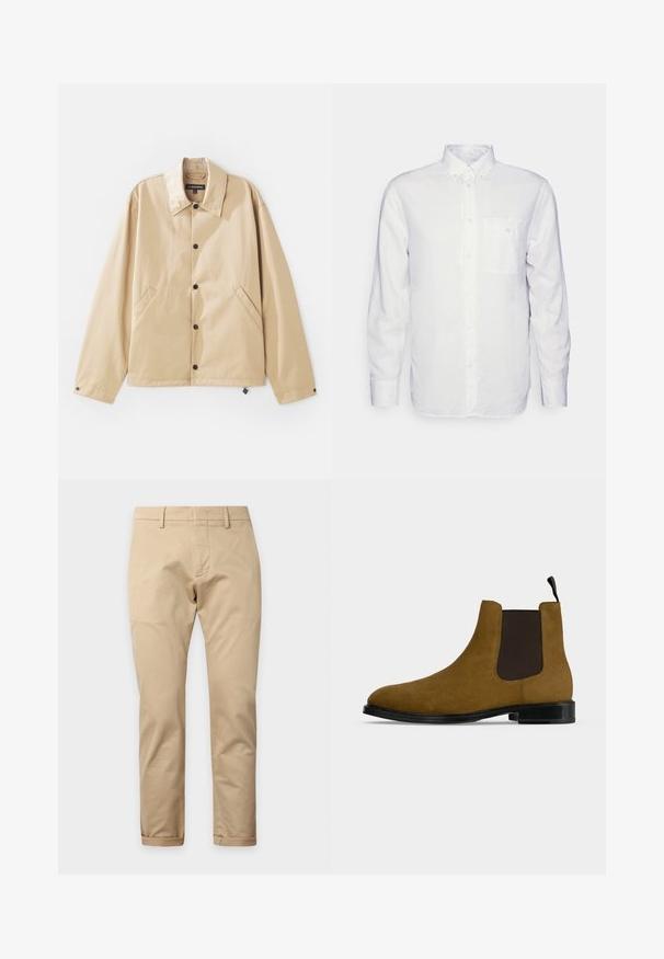 Veste légère beige avec un col, fermeture à boutons-pression, poches latérales et une texture lisse. Présente une étiquette de marque à l'intérieur.; Chemise blanche à manches longues en coton, avec un col à rabat, une poche avant et une coupe régulière. Tissu texturé avec une surface lisse.; Pantalon beige à jambes droites avec passants pour ceinture, fermeture éclair devant et ourlets retroussés sur un fond uni clair.; Bottine Chelsea en daim marron avec panneau latéral élastique noir, semelle noire et languette sur fond gris clair.