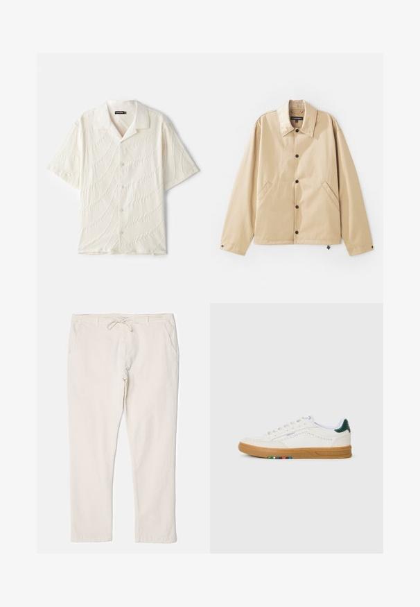 Lysebrun letvægtsjakke med krave, trykknaplukning, sidelommer og en glat overflade. Har et mærketikette indeni.; Kortærmet skjorte med knapper i off-white, der har et tekstureret stof med bølgelignende mønstre og en klassisk krave.; Lys beige bukser med en struktureret overflade, elastisk talje og justerbar snøre, der har to sidetekstiler til opbevaring.; Hvide lædersneakers med perfereret design, gummisul, grøn hælaccent og farverig stribe detalje på siden.