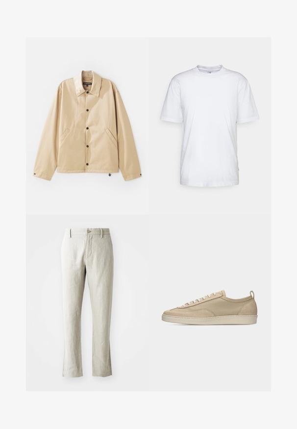 Veste légère beige avec un col, fermeture à boutons-pression, poches latérales et une texture lisse. Présente une étiquette de marque à l'intérieur.; T-shirt en coton blanc avec un col rond, des manches courtes et un ourlet droit. Présente une petite étiquette de marque sur la couture latérale gauche.; Pantalons en lin beige clair à coupe droite, texture subtile, fermeture à bouton devant et deux poches latérales. Conçus pour une silhouette épurée.; Baskets beige basses avec tige en tissu et daim, lacets blancs, semelle en caoutchouc et languette à l'arrière, présentées en profil latéral sur fond blanc.