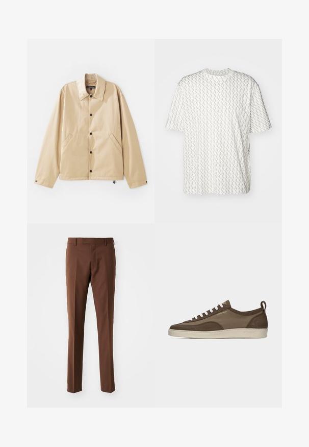 Chaqueta ligera color beige con cuello tipo solapa, cierre de botones a presión, bolsillos laterales y una textura suave. Cuenta con una etiqueta de marca en el interior.; Camiseta blanca con un patrón repetido de letras "A" en gris, mangas cortas, escote redondo y un corte holgado. Fabricada con una tela suave.; Pantalones marrones, ajustados, con una parte delantera plana, diseño de pierna recta, textura suave y trabillas para cinturón. Sin patrones visibles ni detalles de hardware.; Zapatilla baja marrón con cordones blancos, suela beige, parte superior de tela y ante, lengüeta lateral y logo "Tiger of Sweden" en texto dorado.