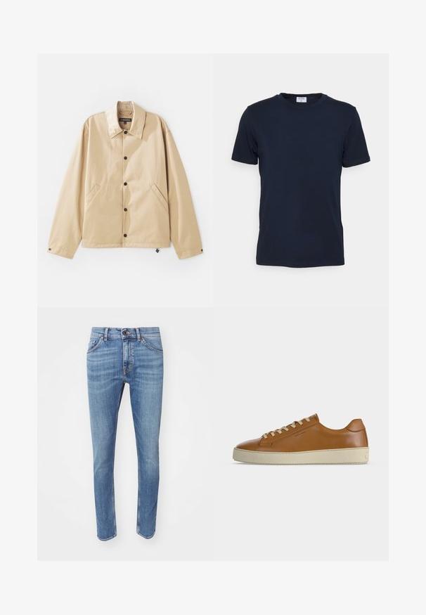 Veste légère beige avec un col, fermeture à boutons-pression, poches latérales et une texture lisse. Présente une étiquette de marque à l'intérieur.; T-shirt bleu marine à col ras du cou fabriqué en tissu doux. Manches courtes avec une coupe classique, avec une étiquette au niveau du col. Texture lisse, design minimal.; Jean en denim bleu avec une coupe slim, design à cinq poches et détails de délavage subtil. Comprend une fermeture à bouton et des coutures contrastées.; Baskets basses en cuir marron avec lacets crème et semelle épaisse en caoutchouc crème, vues de profil sur fond blanc.