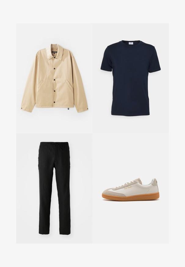 Veste légère beige avec un col, fermeture à boutons-pression, poches latérales et une texture lisse. Présente une étiquette de marque à l'intérieur.; T-shirt bleu marine à col ras du cou fabriqué en tissu doux. Manches courtes avec une coupe classique, avec une étiquette au niveau du col. Texture lisse, design minimal.; Pantalons en lin noirs avec taille élastique et cordon de serrage. Conception à jambe droite et texture lisse. Convient pour un usage décontracté.; Baskets basses blanches et beiges avec semelle en caoutchouc, lacets blancs, détails en daim et logo doré "Paul Smith" sur le côté.