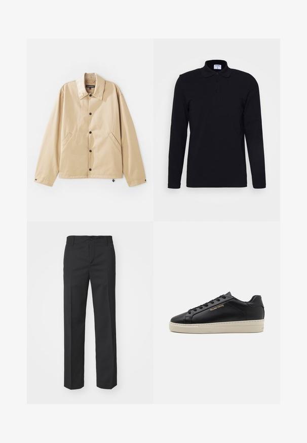 Lett, lys jakke i beige med krage, trykknapplukking, sidelommer og en glatt tekstur. Har en merkevareetikett inni.; Filippa K LUKE - Topper langermet - black; Filippa K TROY TROUSERS - Bukse - black; Svart lær sneaker med jevn finish, kontrasterende kremfarget såle, rund tå, gulllogo på siden og seks hull for lisser.