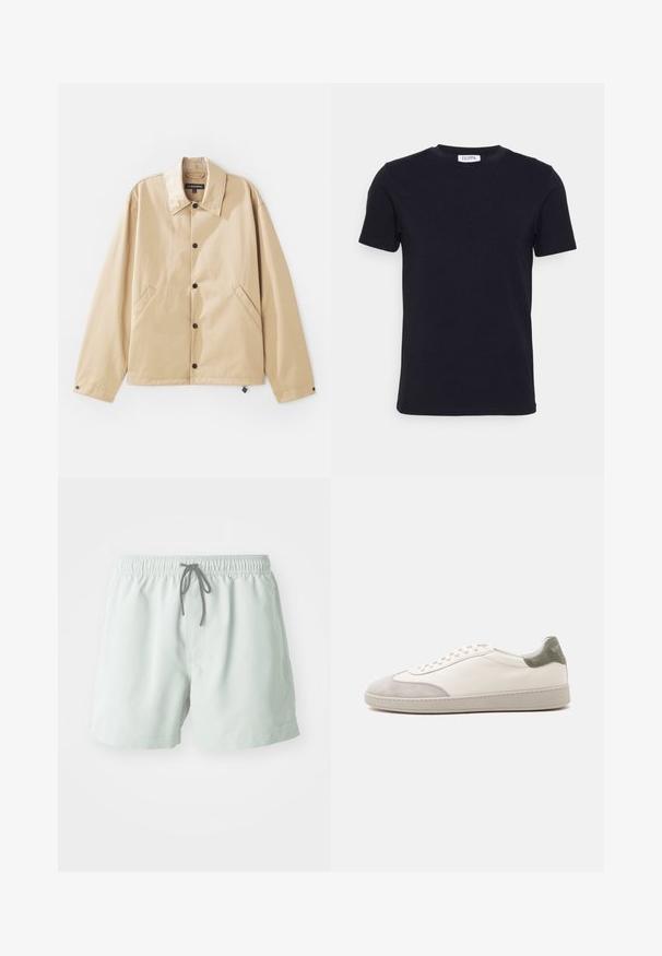 Lichte tan jack met een kraag, drukknopen, zijzakken en een gladde textuur. Beschikt over een merklabel aan de binnenkant.; Zwart T-shirt met korte mouwen en ronde hals, met een klein wit label aan de binnenkant van de halslijn.; Lichtgroene zwembroek met een elastische tailleband, verstelbaar trekkoord en zijzakken. Gladde textuur, boven de knie lengte.; Witte lage sneaker met lichtgrijze suède accenten op de neus en hiel, witte veters en een platte beige zool, gezien vanaf de buitenkant.