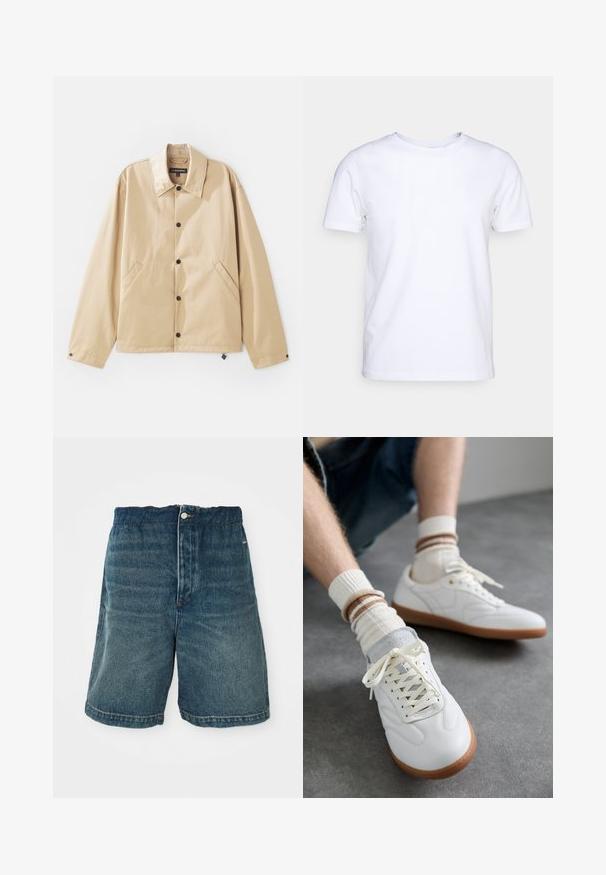 Beige leichte Jacke mit Kragen, Druckknopfverschluss, Seitentaschen und glatter Oberfläche. Mit einem Markenetikett innen.; Weißes T-Shirt mit kurzen Ärmeln aus Baumwollstoff und rundem Halsausschnitt. Schlichtes Design ohne Muster oder Akzente. Glatte Textur.; Dunkelblaue Denim-Shorts mit lockerer Passform, Knopfverschlüsse und sichtbaren Nähten an Saum und Taschen.; Weiße Ledersneaker mit glatter Textur, grauen Wildlederelementen, beigen Gummisohlen und flachen Schnürsenkeln. Kombiniert mit cremefarbenen und braun gestreiften Socken.