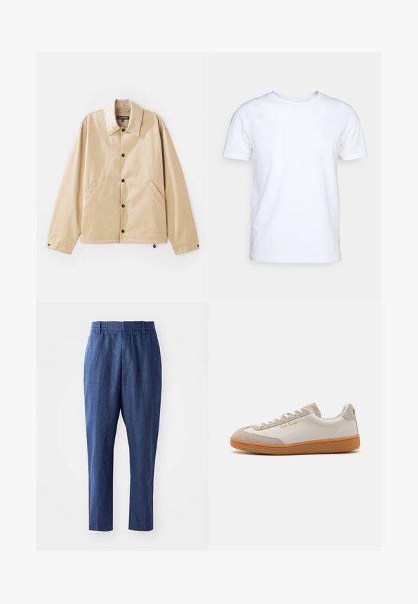 Veste légère beige avec un col, fermeture à boutons-pression, poches latérales et une texture lisse. Présente une étiquette de marque à l'intérieur.; T-shirt blanc à manches courtes en tissu de coton avec un col rond. Design simple sans motifs ni accents. Texture lisse.; Pantalons en lin bleu marine avec une coupe décontractée, une taille élastique et des jambes fuselées. Caractérisés par une texture lisse et des détails de couture minimaux.; Baskets basses blanches et beiges avec semelle en caoutchouc, lacets blancs, détails en daim et logo doré "Paul Smith" sur le côté.