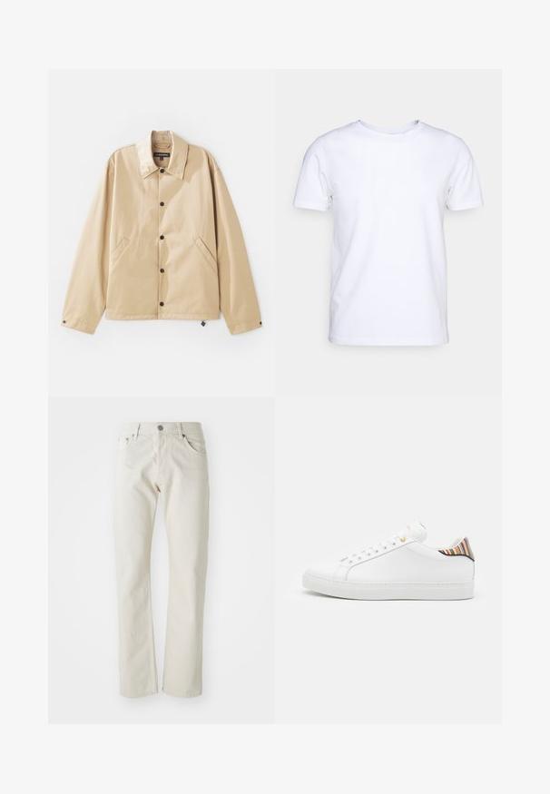 Beige leichte Jacke mit Kragen, Druckknopfverschluss, Seitentaschen und glatter Oberfläche. Mit einem Markenetikett innen.; Weißes T-Shirt mit kurzen Ärmeln aus Baumwollstoff und rundem Halsausschnitt. Schlichtes Design ohne Muster oder Akzente. Glatte Textur.; Helle beige Jeans aus Baumwolle mit geradem Bein, fünf Taschen und silbernem Metallknopfverschluss.; Weiße Ledersneaker mit glatter Oberfläche, ausgestattet mit einem bunten gestreiften Akzent an der Ferse, goldener Öse und flacher weißer Sole.