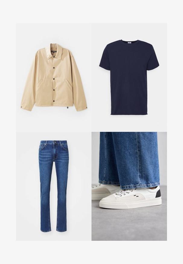 Lichte tan jack met een kraag, drukknopen, zijzakken en een gladde textuur. Beschikt over een merklabel aan de binnenkant.; Navyblauwe T-shirt met korte mouwen van zachte stof. Heeft een ronde hals en een rechte snit zonder patronen of accenten.; Donkerblauwe denim jeans met een recht model, voorzien van subtiele vervaging, vijf zakken en een knoopsluiting. Neutrale stiksels als accent.; Witte en zwarte sneakers met een glad leren bovenwerk, textuuraccenten en een chunky witte zool. Heeft een klassiek vetersluiting ontwerp.