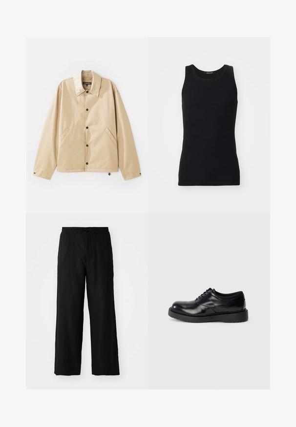 Veste légère beige avec un col, fermeture à boutons-pression, poches latérales et une texture lisse. Présente une étiquette de marque à l'intérieur.; Débardeur noir en matériau lisse et extensible. Doté d'un col rond et sans manches, avec une coupe ajustée et un design simple.; Pantalon large noir en tissu léger, avec une taille élastique dotée d'un cordon de serrage et sans poches visibles ni motifs.; Chaussure en cuir noir à lacets avec un bout rond, surface lisse et une semelle en caoutchouc épaisse dotée de légers rainurages pour une meilleure adhérence.