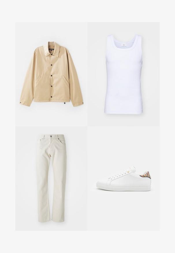 Beige leichte Jacke mit Kragen, Druckknopfverschluss, Seitentaschen und glatter Oberfläche. Mit einem Markenetikett innen.; Weißes Baumwoll-Top ohne Ärmel mit rundem Ausschnitt, ausgestattet mit einer glatten Textur und einer figurbetonten Form, ideal für die Freizeit.; Helle beige Jeans aus Baumwolle mit geradem Bein, fünf Taschen und silbernem Metallknopfverschluss.; Weiße Ledersneaker mit glatter Oberfläche, ausgestattet mit einem bunten gestreiften Akzent an der Ferse, goldener Öse und flacher weißer Sole.