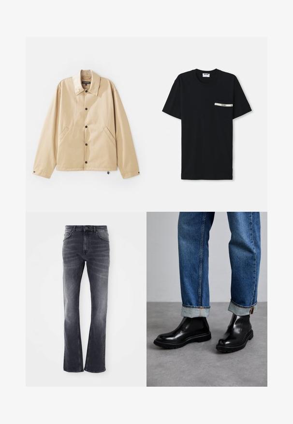 Veste légère beige avec un col, fermeture à boutons-pression, poches latérales et une texture lisse. Présente une étiquette de marque à l'intérieur.; T-shirt en coton noir à manches courtes, col rond, avec une poche gauche ornée d'une bande blanche et d'un détail logo.; Jeans en denim gris avec une coupe évasée, présentant une finition légèrement délavée, cinq poches et une fermeture à bouton à l'avant.; Bottines en cuir noir avec des panneaux élastiques sur les côtés et des semelles en caoutchouc texturé, associées à un jean en denim bleu retroussé.