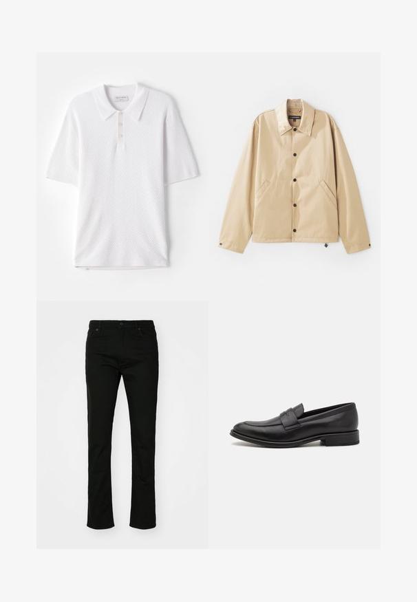 Beige leichte Jacke mit Kragen, Druckknopfverschluss, Seitentaschen und glatter Oberfläche. Mit einem Markenetikett innen.; Weißes Poloshirt aus strukturiertem Rippstoff, mit einem Kragen und drei kleinen Knöpfen auf der Vorderseite. Kurze Ärmel und gerader Saum.; Schwarze Denim-Jeans mit geradem Bein, fünf Taschen und Druckknopfverschluss. Glatte Textur mit dezenten Nähten.; Schwarze Lederloafer mit glatter Oberfläche, einem dekorativen Riemen über dem Obermaterial, runder Zehenpartie und einem niedrigen, gestapelten Absatz.