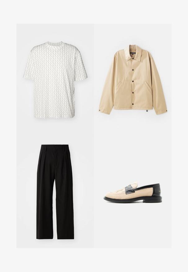 Veste légère beige avec un col, fermeture à boutons-pression, poches latérales et une texture lisse. Présente une étiquette de marque à l'intérieur.; T-shirt blanc avec un motif « A » gris répétitif, manches courtes, encolure ronde et coupe décontractée. Fabriqué en tissu doux.; Pantalons larges noirs avec une texture lisse, dotés de deux plis avant, d'une fermeture à bouton et de poches latérales. Tissu durable.; Mocassin tissé beige avec bordure en cuir noir, bout arrondi, semelle noire et motif décoratif cousu sur la partie supérieure.