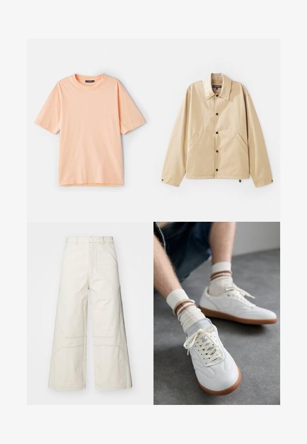 Beige leichte Jacke mit Kragen, Druckknopfverschluss, Seitentaschen und glatter Oberfläche. Mit einem Markenetikett innen.; Kurzärmliges T-Shirt in Pfirsichfarbe aus Baumwolle, mit Rundhalsausschnitt und einem kleinen weißen Logo auf der linken Brustseite.; A-COLD-WALL* FORMAT PANT - Stoffhose - beige bone; Weiße Ledersneaker mit glatter Textur, grauen Wildlederelementen, beigen Gummisohlen und flachen Schnürsenkeln. Kombiniert mit cremefarbenen und braun gestreiften Socken.