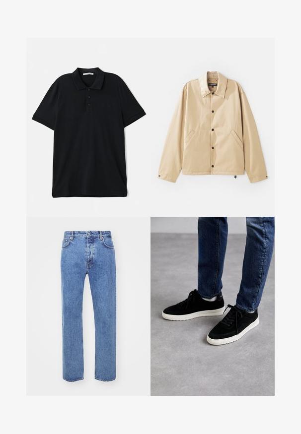 Beige leichte Jacke mit Kragen, Druckknopfverschluss, Seitentaschen und glatter Oberfläche. Mit einem Markenetikett innen.; Schwarzes Poloshirt aus Baumwolle, mit klassischem Kragen, Dreiknopf-Leiste, kurzen Ärmeln und einem dezenten Logo-Detail auf der Vorderseite.; Won Hundred STEVE - Jeans Relaxed Fit - cut blue; Schwarze Wildledersneaker mit einer weißen Gummisohle, die ein klassisches Low-Top-Design, eine abgerundete Spitze und flache schwarze Schnürsenkel aufweisen.
