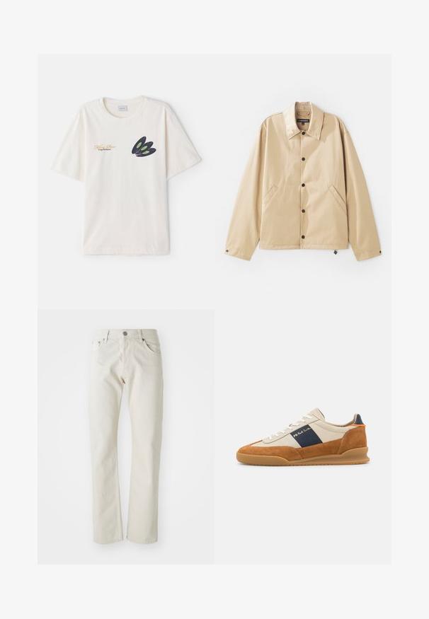 Beige leichte Jacke mit Kragen, Druckknopfverschluss, Seitentaschen und glatter Oberfläche. Mit einem Markenetikett innen.; Cremfarbener Baumwoll-T-Shirt mit einem dunklen Schallplattendesign in grün mit goldener Schrift auf der Vorderseite. Kurze Ärmel, Rundhalsausschnitt.; Helle beige Jeans aus Baumwolle mit geradem Bein, fünf Taschen und silbernem Metallknopfverschluss.; PS Paul Smith DOVER - Sneaker low - cognac/off-white