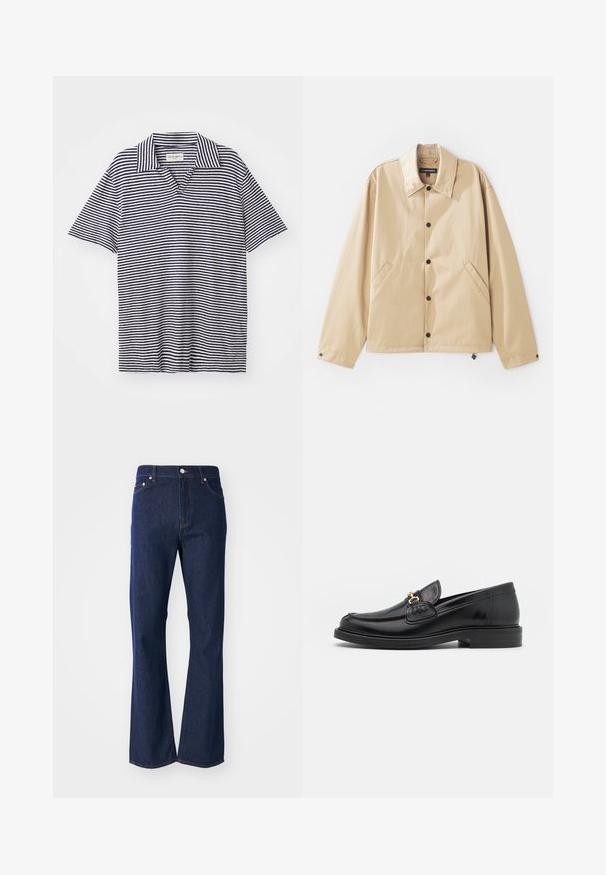 Veste légère beige avec un col, fermeture à boutons-pression, poches latérales et une texture lisse. Présente une étiquette de marque à l'intérieur.; Polo rayé avec un col en V, présentant des bandes horizontales bleu marine et blanches, des manches courtes et un tissu doux et léger.; Jeans évasés de couleur bleu foncé en denim. Comprend cinq poches, une fermeture éclair à l'avant et un bouton métallique. Accents de couture classique.; Mocassins en cuir noir avec un embout rond, présentant des accents en métal doré et des détails de couture, montés sur une semelle en caoutchouc texturé et basse.