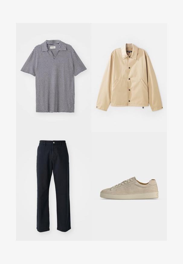 Veste légère beige avec un col, fermeture à boutons-pression, poches latérales et une texture lisse. Présente une étiquette de marque à l'intérieur.; Polo rayé avec un col en V, présentant des bandes horizontales bleu marine et blanches, des manches courtes et un tissu doux et léger.; Pantalons en coton bleu marine à coupe droite, dotés d'une fermeture à bouton à l'avant et de deux poches latérales. Texture lisse, sans motifs visibles.; Baskets basses beiges en daim avec fermeture lacée et semelle épaisse en caoutchouc, vues de profil sur fond blanc uni.