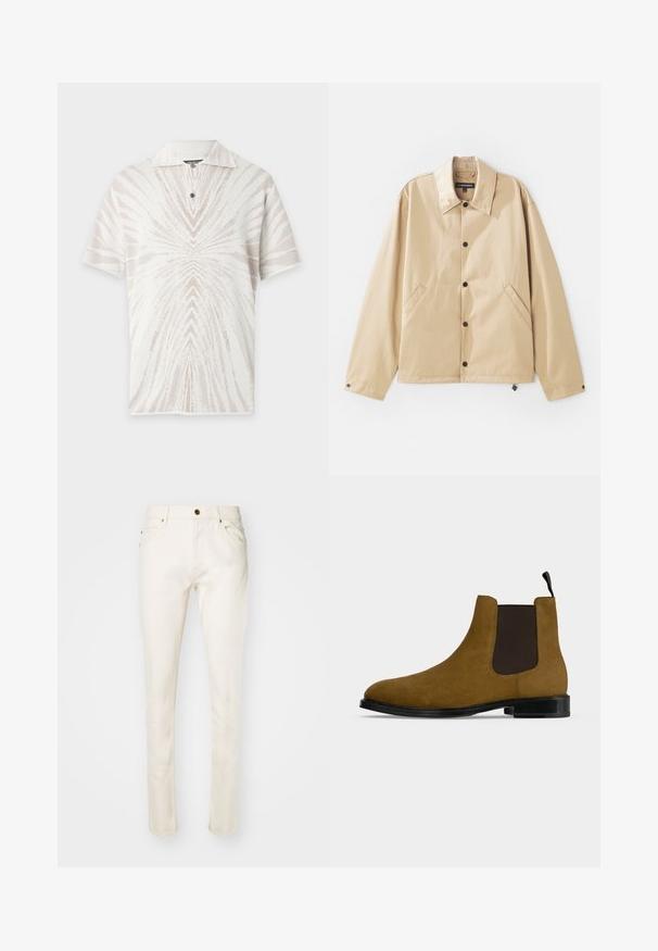 Veste légère beige avec un col, fermeture à boutons-pression, poches latérales et une texture lisse. Présente une étiquette de marque à l'intérieur.; Polo blanc à manches courtes avec motif abstrait de rayures rayonnantes beige clair et un seul bouton noir sous le col.; Jean en coton beige avec une coupe slim, dotés d'un bouton à l'avant, de cinq poches et de détails de couture subtils. Texture lisse et jambe fuselée.; Bottine Chelsea en daim marron avec panneau latéral élastique noir, semelle noire et languette sur fond gris clair.