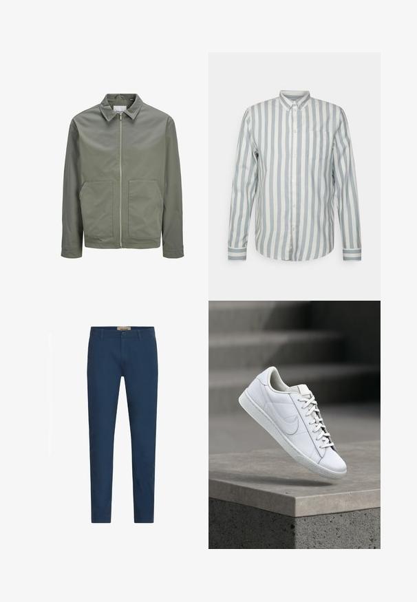Jack & Jones JJWINSON WORKER - Kevyt takki - agave green; Napapaita vaaleansinisiä ja valkoisia raitoja. Klassinen kaulus, pitkät hihat ja rintatasku. Pehmeä kangas, rento malli.; Navy blue slim-fit miesten housut, joissa on vyölenkit, etupainike sulku ja sivutaskut, esitelty valkoista taustaa vasten.; Valkoinen nahkainen lenkkari, jossa on nyöritykset ja Nike swoosh -logo, leijuu betonireunan yläpuolella ulkotilassa.