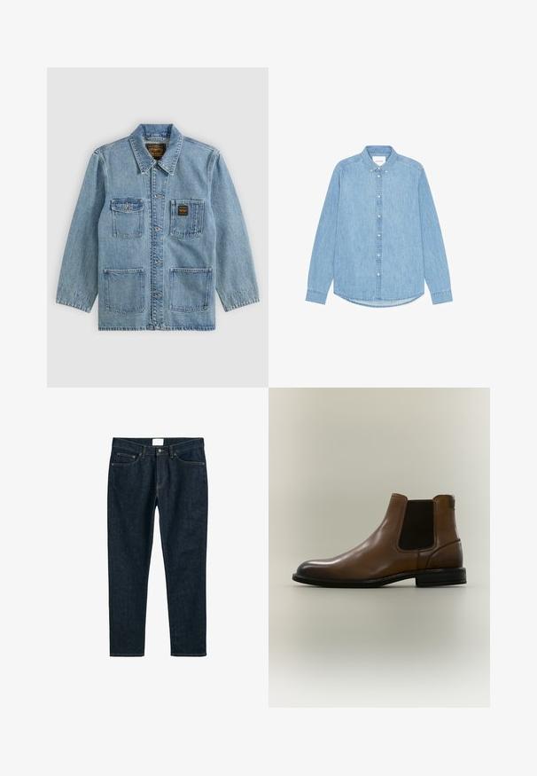 Lichtblauw spijkerjasje met kraag, knoopsluiting aan de voorkant, vier voorzakken en twee merklabels op de borstzakken.; Lichtblauw denim overhemd met knopen, lange mouwen, een puntige kraag en een afgeronde zoom. Voorzien van een knoopsluiting aan de voorkant en een klein logo detail.; Donkerblauwe denim jeans, rechte pasvorm, met vijf zakken, knoopsluiting en contrasterende stiksels. Gladde textuur met een klassiek ontwerp.; Bruine leren Chelsea-laars met zwart elastisch zijpaneel en lage zwarte zool op een effen neutrale achtergrond.