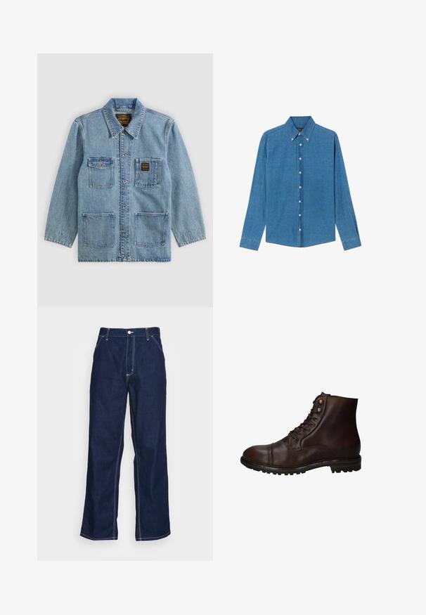 Hellblaue Jeansjacke mit Kragen, Knopfleiste vorne, vier Vordertaschen und zwei Markenetiketten auf den Brusttaschen.; Blaue Denim-Hemd mit Button-down-Kragen, langen Ärmeln und Knöpfen vorne. Der Stoff hat eine strukturierte Oberfläche und einen klassischen Schnitt.; Dunkelblaue Denim-Hosen mit weitem Bein, hoher Taille, Fronttaschen und kontrastierendem weißen Nähten entlang der Säume.; Dunkelbraune Leder Schnürstiefelette mit robustem Gummisohlen und Metallösen, von der Außenseite betrachtet.