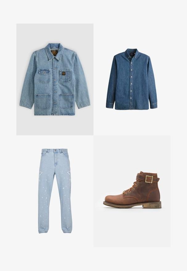 Chaqueta vaquera azul claro con cuello, cierre de botones, cuatro bolsillos delanteros y dos etiquetas de la marca en los bolsillos del pecho.; Camisa de mezclilla de botón en azul medio, con mangas largas, collar puntiagudo, botones blancos y un corte ajustado con un sutil bordado de logo.; Jeans de mezclilla azul claro con un ajuste relajado, que cuentan con recortes en forma de estrella, manchas de pintura y un diseño clásico de cinco bolsillos.; Harley Davidson VNTGMOTO SHORT RIDING APPROVED - Botines camperos - brown