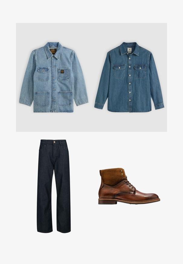 Veste en denim bleu clair avec col, fermeture par boutons, quatre poches avant et deux étiquettes de marque sur les poches poitrine.; Chemise en denim bleu à manches longues, boutonnée à l'avant, avec deux poches poitrine et un col. Présente des accents de couture et une coupe décontractée.; Jean en denim bleu foncé avec une coupe droite, doté d'une fermeture par bouton, de cinq poches et de coutures contrastées sur les coutures.; Kazar ALID - Bottines à lacets - brown