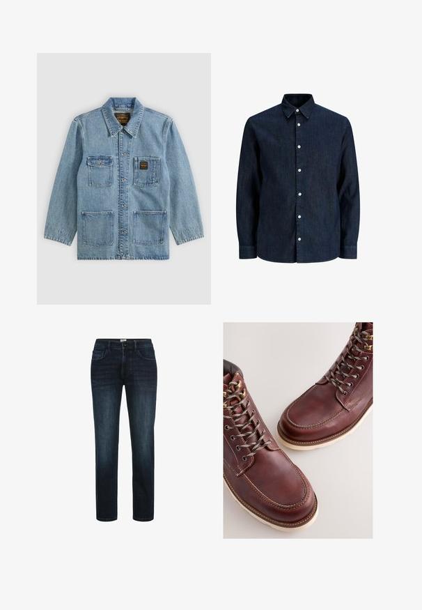 Lyseblå denimjakke med krave, knaplukning foran, fire forlommer og to mærkeetiketter på brystlommerne.; Mørkeblå denimskjorte med lange ærmer, hvide knapper og spids krave, vist på hvid baggrund.; Mørk vaskede denimjeans med lige ben, der har fem lommer, knaplukning og subtil fading langs lårene.; Brune læderstøvler med en glat finish, med metal-øjer, grå snørebånd og en cremefarvet gummisål. Syning langs kanterne som detalje.