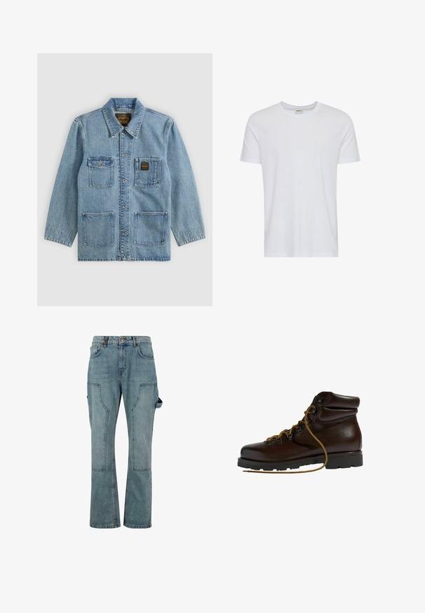 Veste en denim bleu clair avec col, fermeture par boutons, quatre poches avant et deux étiquettes de marque sur les poches poitrine.; T-shirt blanc uni à manches courtes et col rond, présenté sur fond blanc, avec une petite étiquette au col indiquant la marque « Solid ».; Pantalons cargo en denim bleu clair avec une coupe droite, comportant plusieurs poches et une fermeture à bouton à la taille.; Bottine de randonnée en cuir marron avec un bout arrondi, surface texturée, lacets jaunes et œillets en métal. Dotée d'une semelle en caoutchouc noir robuste.