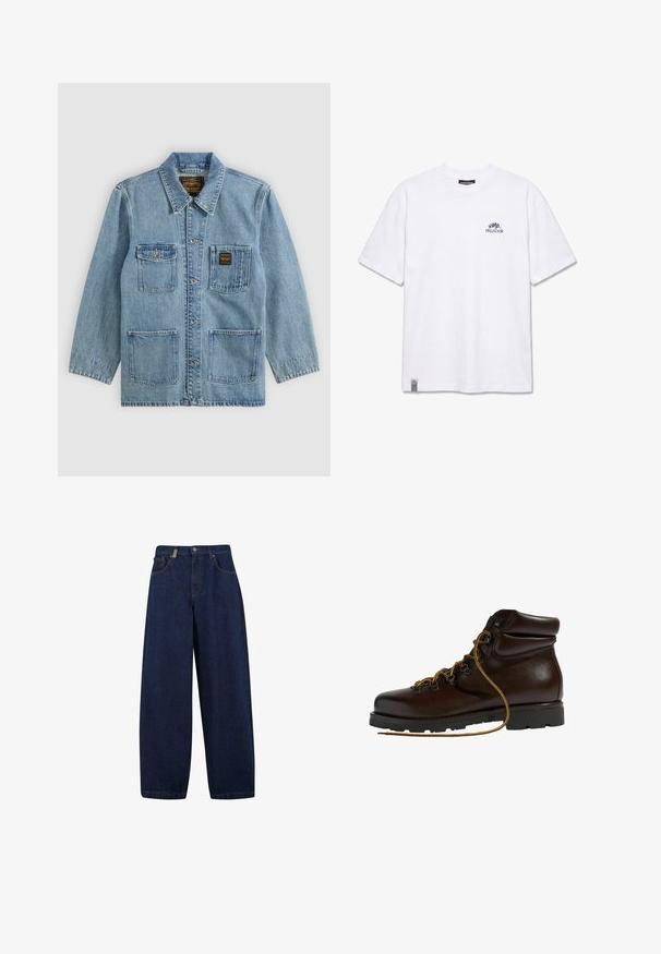 Hellblaue Jeansjacke mit Kragen, Knopfleiste vorne, vier Vordertaschen und zwei Markenetiketten auf den Brusttaschen.; Weißes kurzärmeliges T-Shirt mit kleinem schwarzem "PEGADOR"-Logo und einem Blattmotiv auf der oberen linken Brust sowie einem kleinen Etikett am unteren Saum.; Lässige, dunkelblaue Denim-Jeans mit hoher Taille, Fronttaschen und geradem Bein. Enthält silberfarbene Hardware und minimalistische Nähte.; Brauner Leder-Wanderschuh mit abgerundetem Zeh, strukturierten Oberflächen, gelben Schnürsenkeln und Metallösen. Enthält eine robuste schwarze Gummisohle.