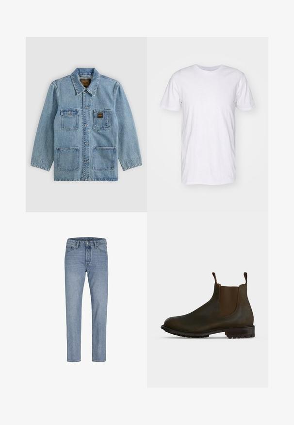 Lyseblå denimjakke med krave, knaplukning foran, fire forlommer og to mærkeetiketter på brystlommerne.; Selected SLHASPEN SLUB TEE - T-shirts basic - bright white; Lysblå denimbukser med lige ben, fem lomme-design, syninger og knaplukning i taljen.; Mørkebrune læder Chelsea-støvler med elastiske sidepaneler, trækflapper ved anklen og en grovmønstret gummisål.
