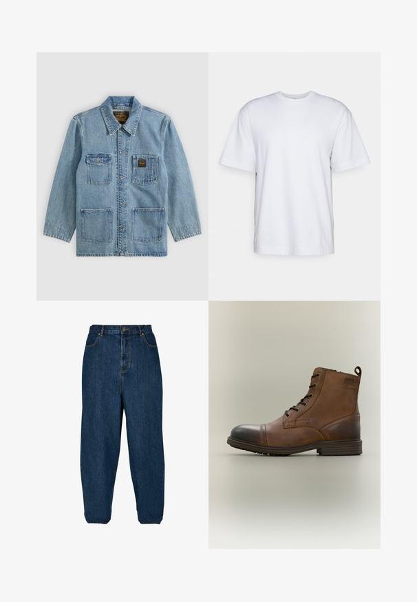 Lichtblauw spijkerjasje met kraag, knoopsluiting aan de voorkant, vier voorzakken en twee merklabels op de borstzakken.; Filippa K HEAVY CREW NECK TEE - T-shirt basic - white; Donkerblauwe spijkerbroek met een relaxed fit, hoge taille en elastische boorden. Voorzien van een knoopsluiting aan de voorkant en vijf zakken.; Bruine leren enkellaars met veters, zwarte neuskap, ronde zool en merkdetail aan de zijkant tegen een effen achtergrond.
