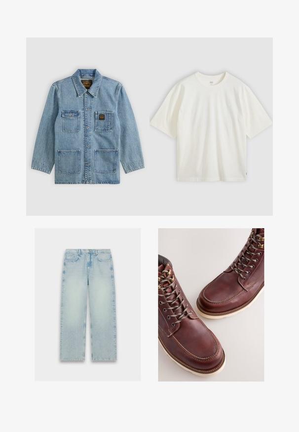 Veste en denim bleu clair avec col, fermeture par boutons, quatre poches avant et deux étiquettes de marque sur les poches poitrine.; T-shirt blanc à manches courtes en coton. Col rond, coupe décontractée, marquage discret sur la poitrine et une étiquette rouge à l'ourlet.; Jean en denim bleu clair, taille haute, avec une coupe droite, texture décolorée et un style classique à cinq poches.; Bottes en cuir marron à finition lisse, dotées d'œillets métalliques, de lacets gris et d'une semelle en caoutchouc de couleur crème. Détails de coutures le long des bords.