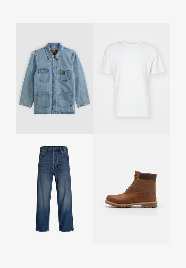 Veste en denim bleu clair avec col, fermeture par boutons, quatre poches avant et deux étiquettes de marque sur les poches poitrine.; T-shirt en coton blanc à manches courtes, encolure ronde et texture lisse. Design simple sans motifs ni graphiques.; Jean en denim avec une coupe droite, couleur bleu foncé et délavage subtil. Comprend cinq poches et une fermeture à bouton.; Botte de randonnée en cuir marron avec une finition lisse, cheville rembourrée, œillets en métal et semelle en caoutchouc dotée d'un motif de crampons robuste.