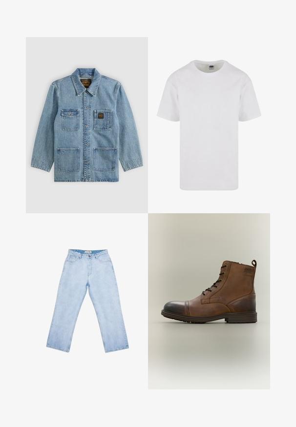 Lyseblå denimjakke med krave, knaplukning foran, fire forlommer og to mærkeetiketter på brystlommerne.; Hvid T-shirt med rund hals lavet af blød bomuld, med korte ærmer og lige kant. Simpelt, udekoreret design i ensfarvet.; Lyseblå jeans med høj talje og lige ben, forlommer, bæltestropper, knaplukning og en mærket inderlabel ved linningen.; Brun læderstøvle med snørebånd, sort tåhætte, rund sål og mærket detalje på siden mod ensfarvet baggrund.