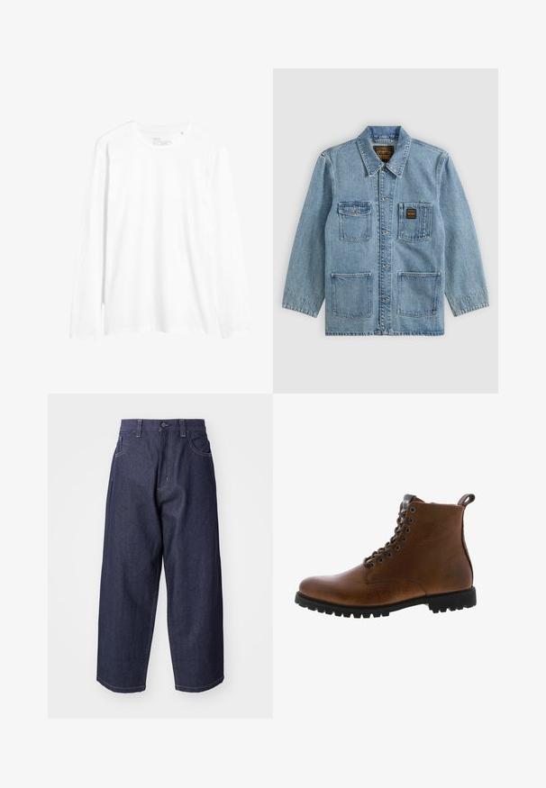 Lyseblå denimjakke med krave, knaplukning foran, fire forlommer og to mærkeetiketter på brystlommerne.; Langærmet hvid t-shirt lavet af bomuld. Har rund halsudskæring, slim fit og sideslids ved kanten. Simpelt design uden mønstre.; Mørkeblå denim jeans med en løs, bred ben-design. Funktioner inkluderer en knaplukning, frontlommer og synlige stikninger.; Brune læder ankelstøvler med tekstureret overflade, metaløjer og sort gummisål. Har en træktab bagpå for nem påtagning.