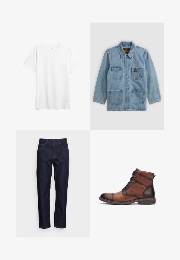 Lyseblå denimjakke med krave, knaplukning foran, fire forlommer og to mærkeetiketter på brystlommerne.; Hvid kortærmet v-hals t-shirt lavet af bomuld. Har en afslappet pasform og en glat tekstur uden synlige mønstre eller grafik.; Mørkeblå denimjeans med lige pasform, fem lommer og kontrasterende gul syning. Designet med en klassisk knap- og lynlåslukning.; Brune læder- og stof herreankelstøvle med snørebånd, syningsdetaljer, lav hæl og brandlogo på siden.