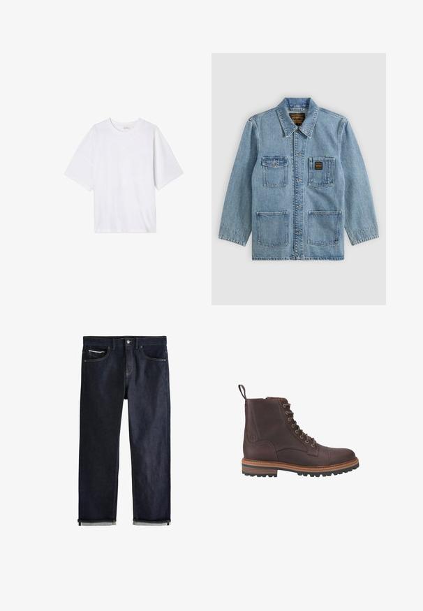 Lyseblå denimjakke med krave, knaplukning foran, fire forlommer og to mærkeetiketter på brystlommerne.; Hvid kortærmet t-shirt lavet af blødt stof. Har en rund halsudskæring og en afslappet pasform med en lige kant. Ingen mønstre eller hardware.; Mørkeblå denimjeans med opsmøgede manchetter, knap- og lynlåslukning, for- og møntlommer samt kontrastsyning på hvid baggrund.; Brune læder støvler med snørebånd ved anklen, med en tekstureret overflade, kontrasterende beige såler og metaløjer. Har en trækflig for nem påtagning.