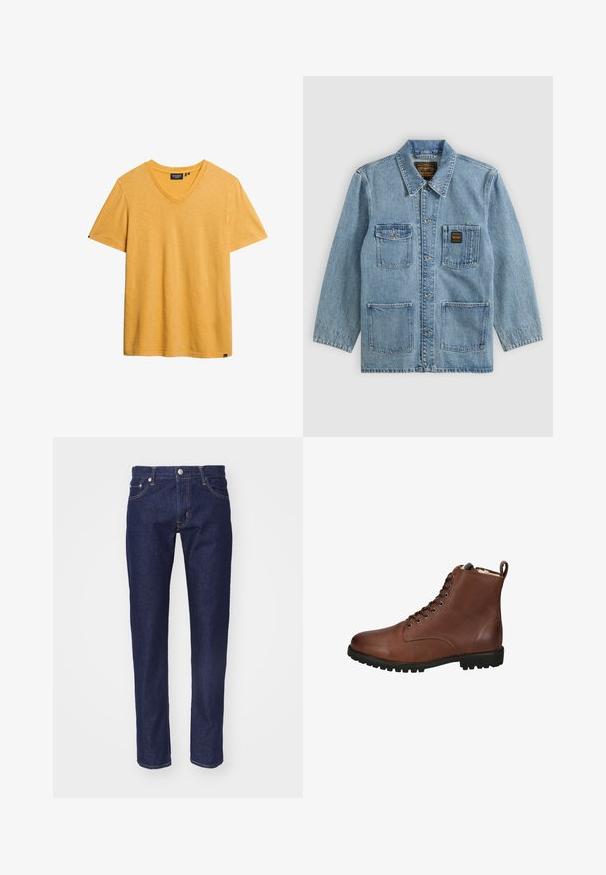 Chaqueta vaquera azul claro con cuello, cierre de botones, cuatro bolsillos delanteros y dos etiquetas de la marca en los bolsillos del pecho.; Camiseta amarilla de cuello en V, hecha de una tela suave y texturizada. Mangas cortas y un corte relajado. Presenta una pequeña etiqueta de la marca en el costado inferior.; Vaqueros de denim azul marino con corte recto, diseño de cinco bolsillos, costuras en naranja contrastante y un cierre de botón plateado en la cintura.; Botas de tobillo de cuero marrón con un acabado texturizado, parte delantera con cordones, punta redondeada y suela de goma gruesa. Incluye un tirador en la parte trasera.